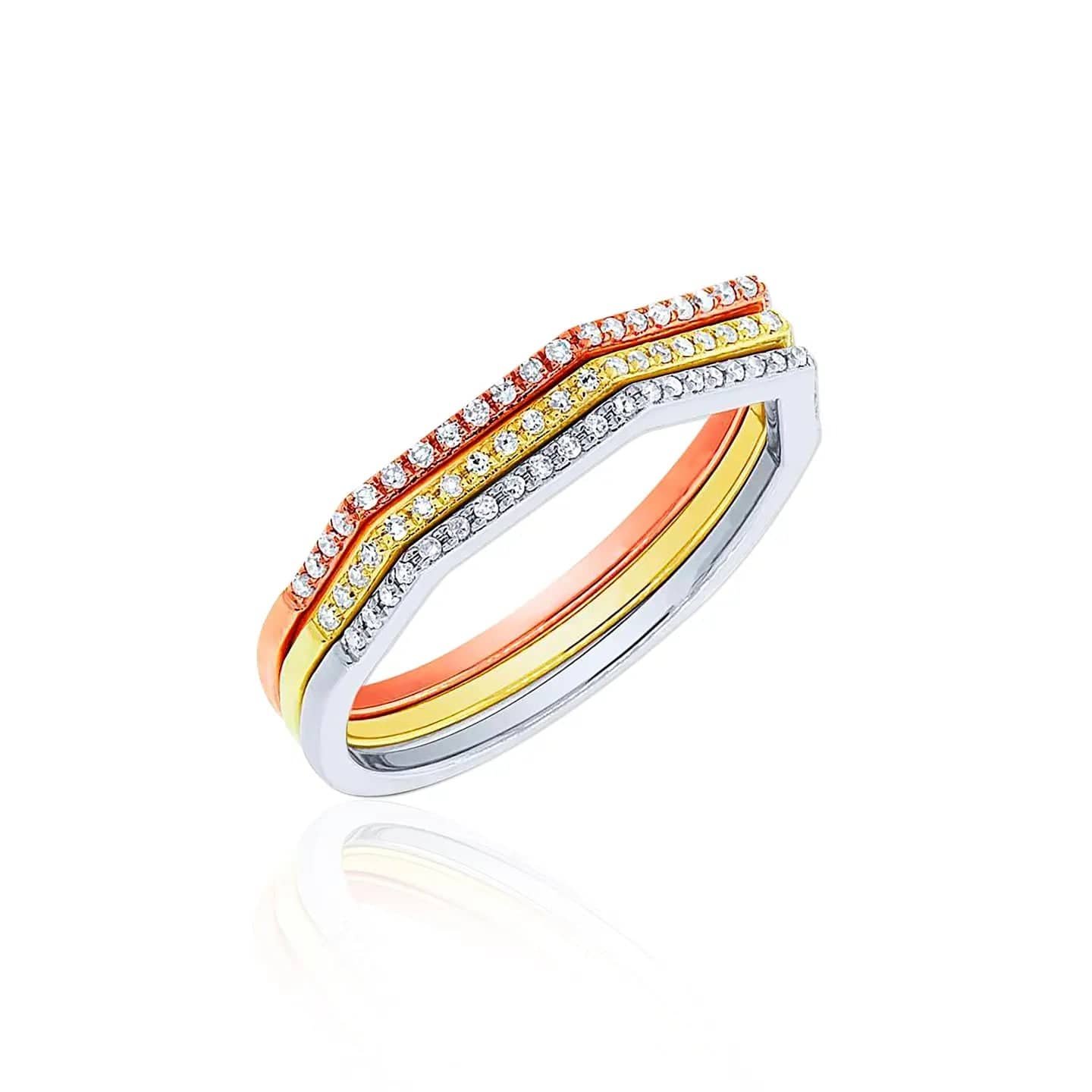 Geometrical Stacking Ring - Hexagon Tri-Tone with Diamonds - Baza Boutique
