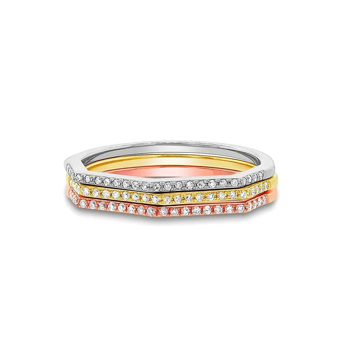 Geometrical Stacking Ring - Hexagon Tri-Tone with Diamonds - Baza Boutique