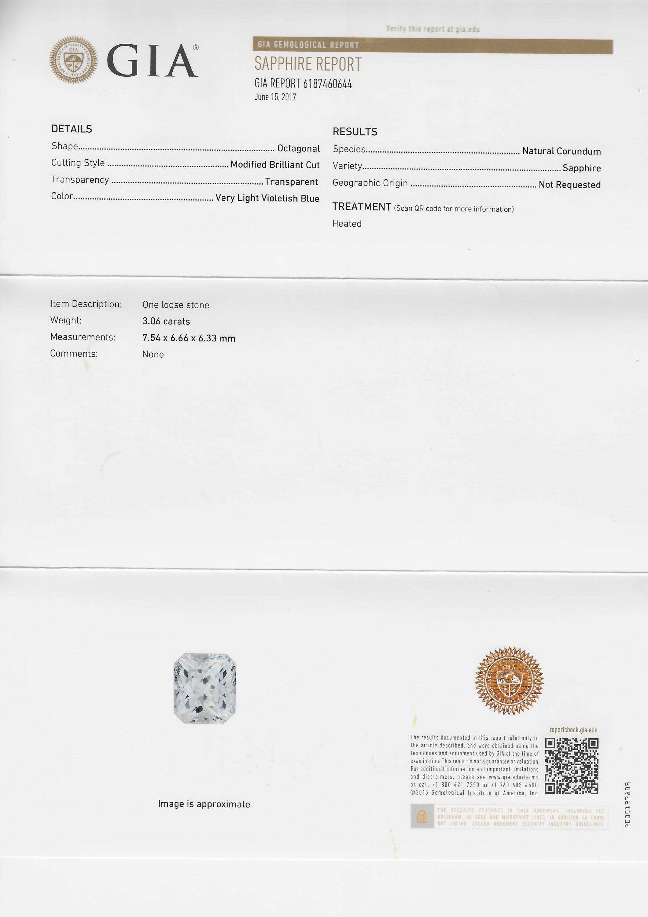 GIA Certified White Sapphire 3.06 carats , White Sapphire Emerald Cut White Sapphire Brilliant White Sapphire gift for her - Baza Boutique 