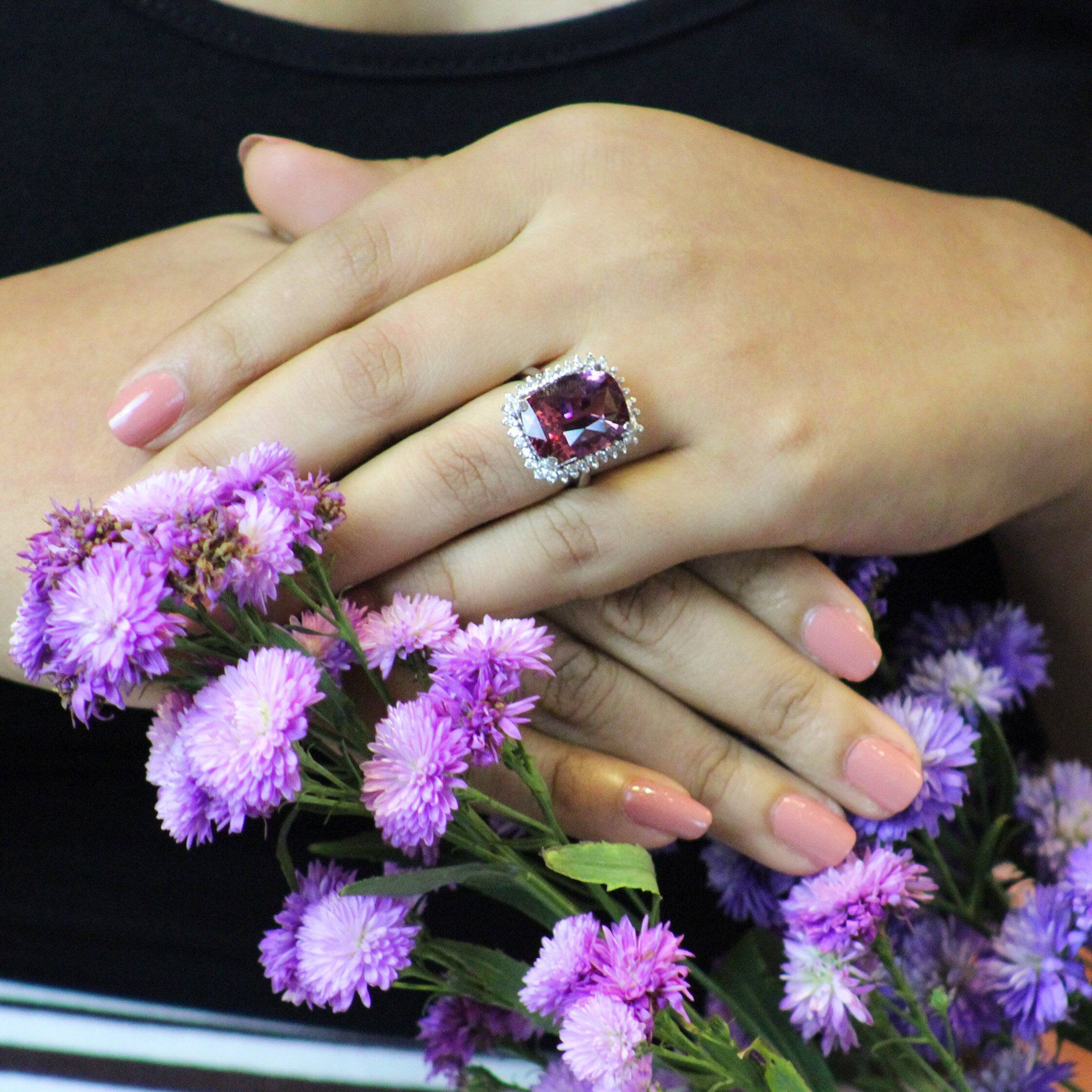 Natural Tourmaline 11.92 Cts Ring, 14Kt White Gold Halo Ring, Engagement Ring, Natural Pink Tourmaline Gift for her - Baza Boutique 