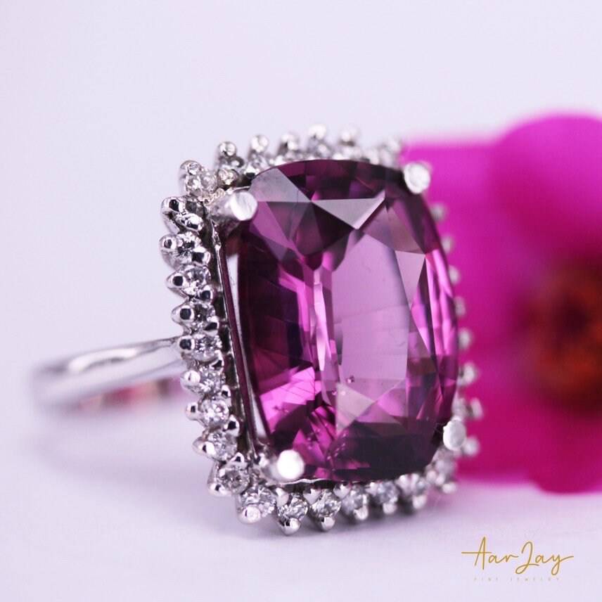 Natural Tourmaline 11.92 Cts Ring, 14Kt White Gold Halo Ring, Engagement Ring, Natural Pink Tourmaline Gift for her - Baza Boutique 