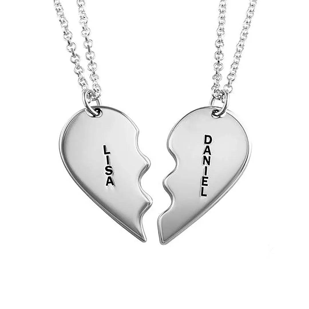 Personalized Heart Necklace Set - 925 Sterling Silver, Custom Engraved Couple Gifts - Baza Boutique 